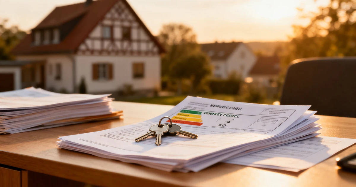Unterlagen für den Hausverkauf auf Schreibtisch — Hausverkauf-Checkliste