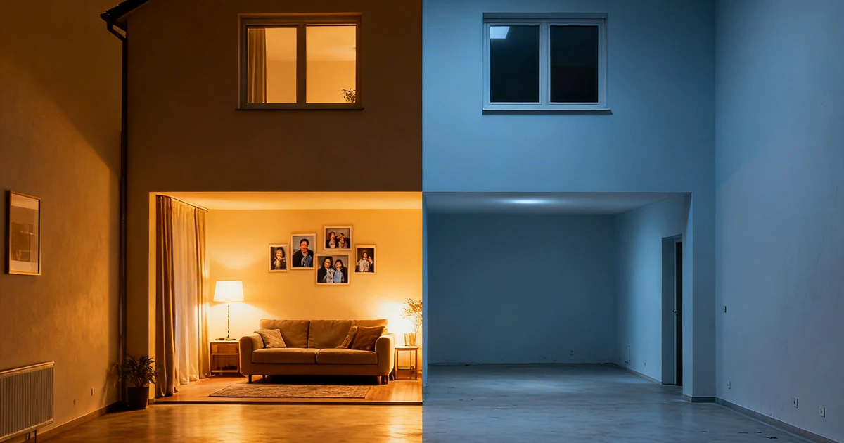 Scheidung und Haus – eine Seite warm und eingerichtet, die andere kalt und leer