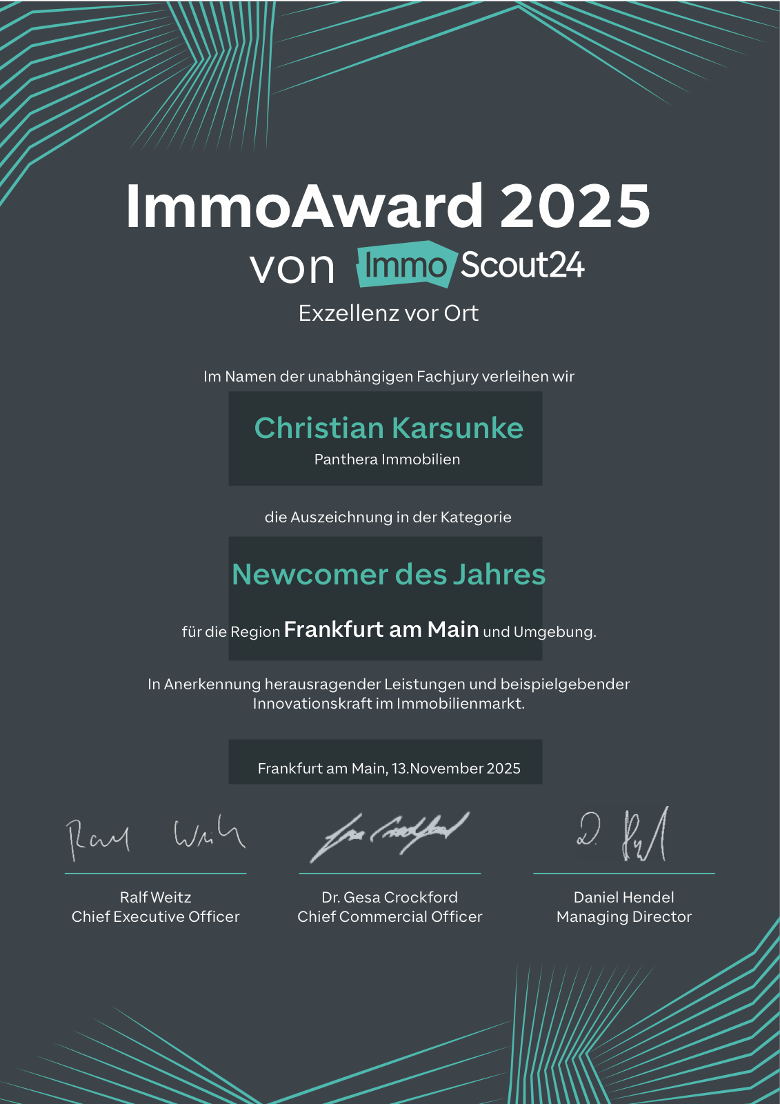 ImmoAward 2025 Zertifikat — Panthera Immobilien, Newcomer des Jahres, Frankfurt am Main